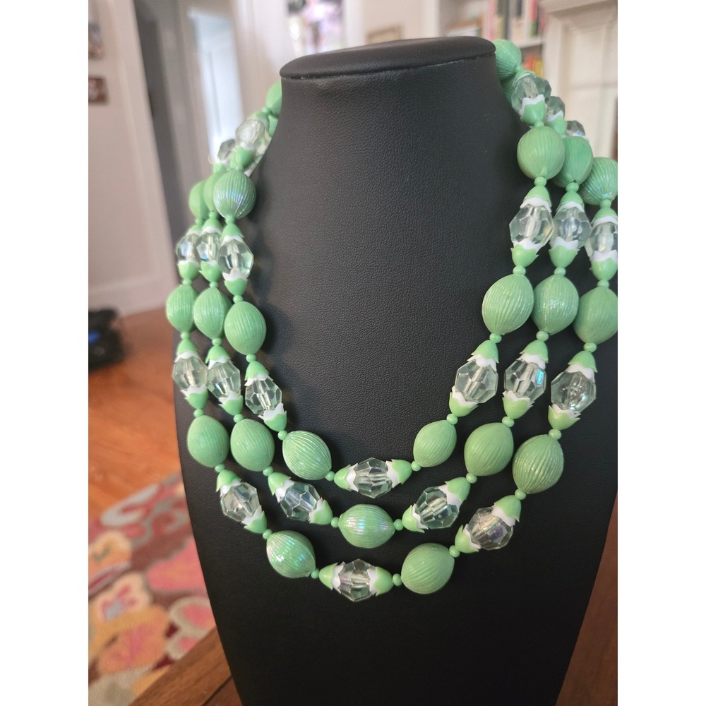 West Germany? Mint Green Acrylic or Celluloid Feather Swirl Multistrand Necklace